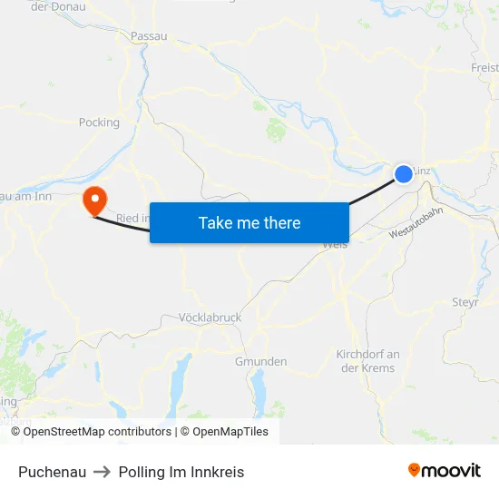 Puchenau to Polling Im Innkreis map