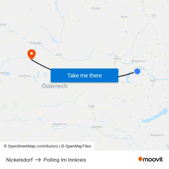 Nickelsdorf to Polling Im Innkreis map