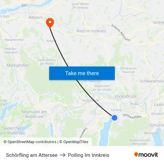 Schörfling am Attersee to Polling Im Innkreis map