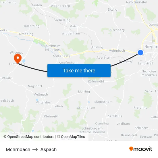 Mehrnbach to Aspach map