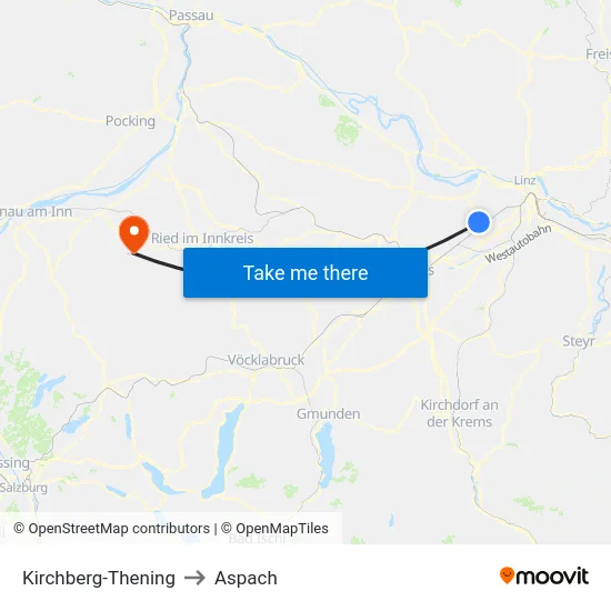 Kirchberg-Thening to Aspach map