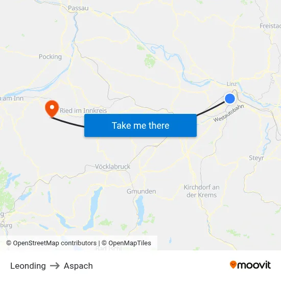 Leonding to Aspach map