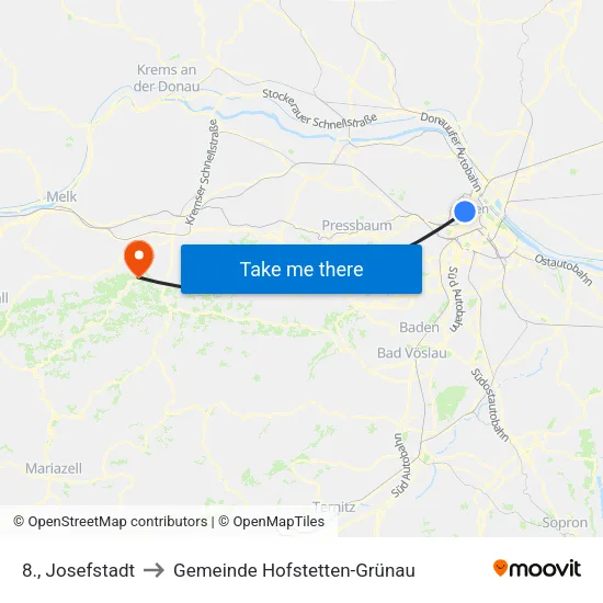 8., Josefstadt to Gemeinde Hofstetten-Grünau map