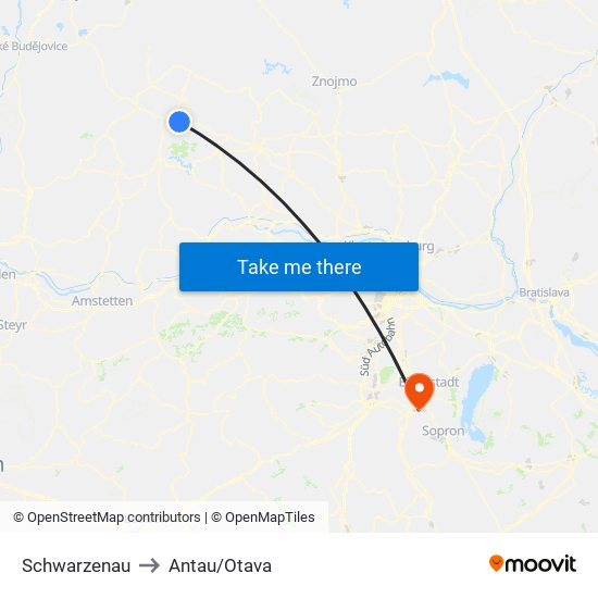 Schwarzenau to Antau/Otava map