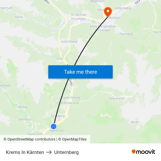 Krems In Kärnten to Unternberg map
