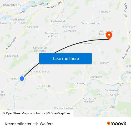 Kremsmünster to Wolfern map