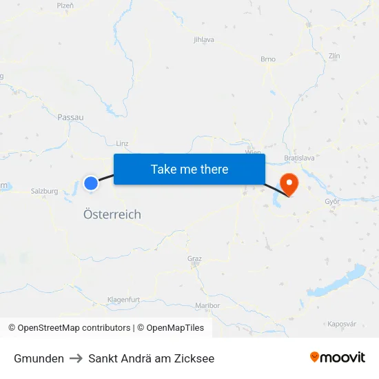 Gmunden to Sankt Andrä am Zicksee map