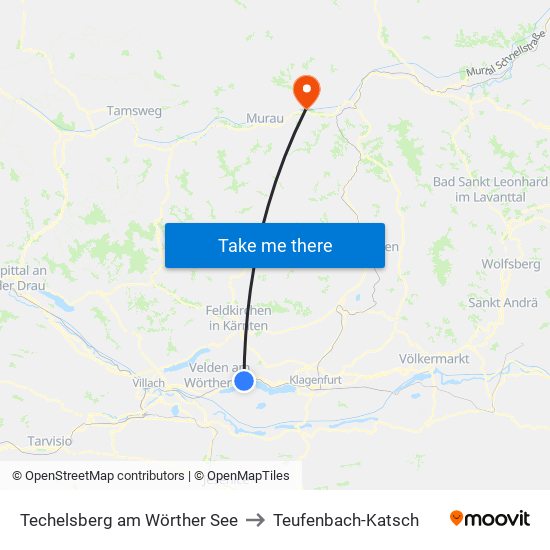 Techelsberg am Wörther See to Teufenbach-Katsch map