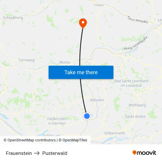 Frauenstein to Pusterwald map