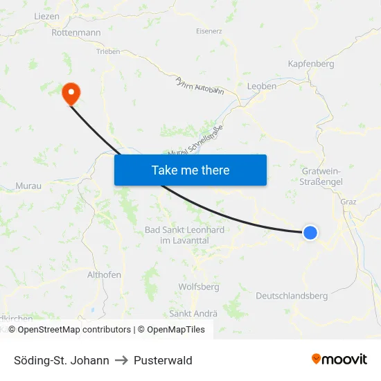 Söding-St. Johann to Pusterwald map