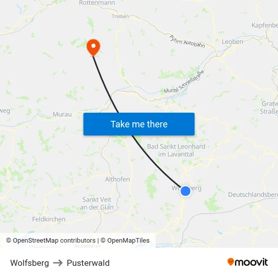 Wolfsberg to Pusterwald map