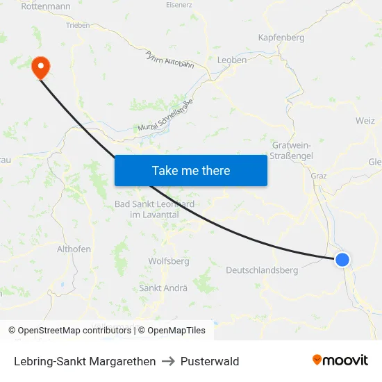 Lebring-Sankt Margarethen to Pusterwald map