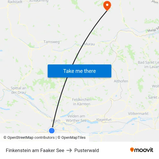 Finkenstein am Faaker See to Pusterwald map