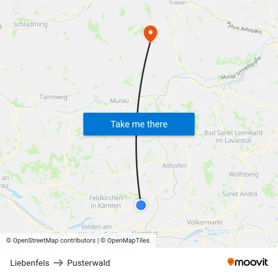 Liebenfels to Pusterwald map