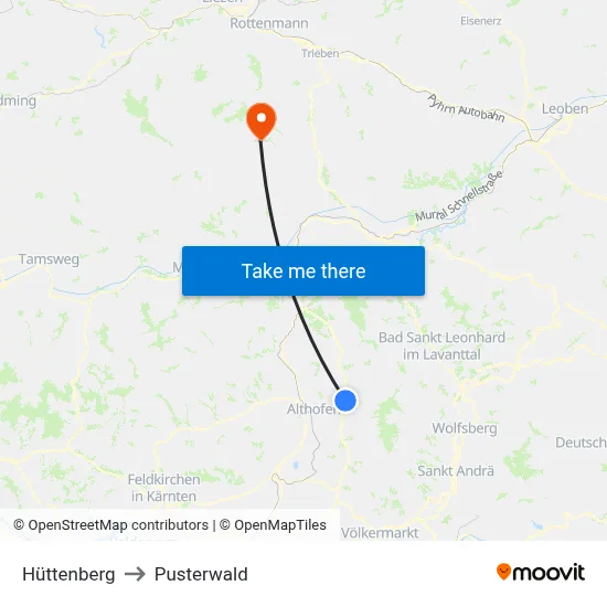 Hüttenberg to Pusterwald map