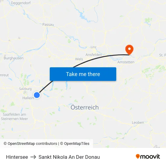 Hintersee to Sankt Nikola An Der Donau map