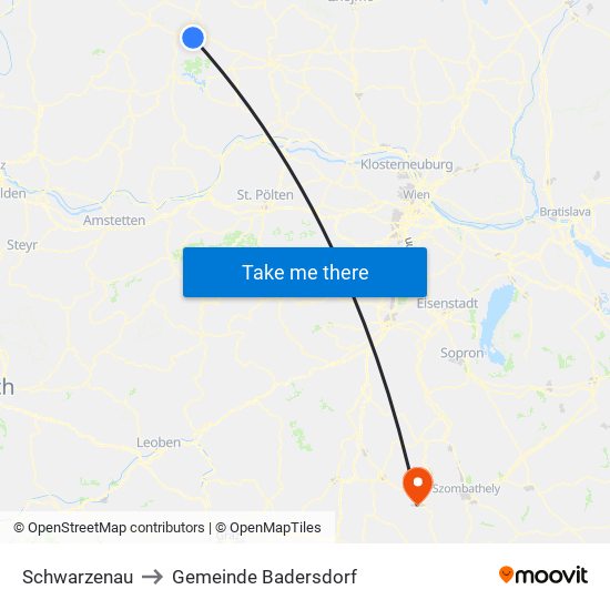 Schwarzenau to Gemeinde Badersdorf map