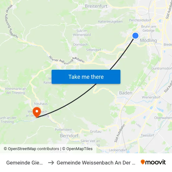 Gemeinde Gießhübl to Gemeinde Weissenbach An Der Triesting map