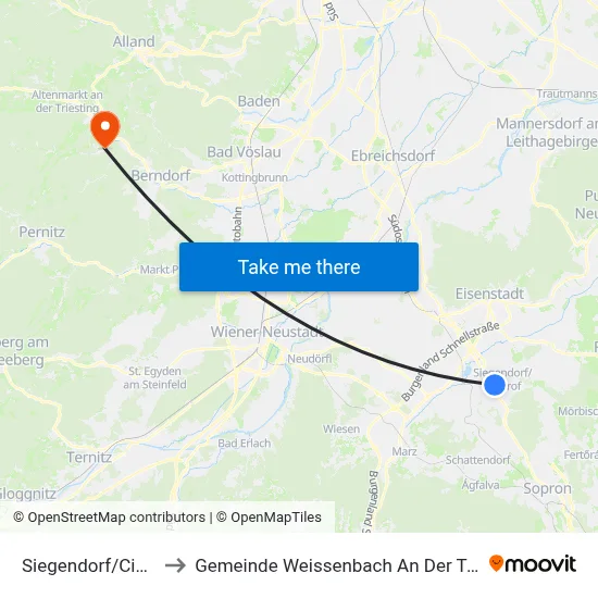 Siegendorf/Cindrof to Gemeinde Weissenbach An Der Triesting map