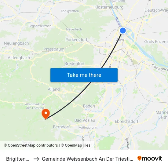Brigittenau to Gemeinde Weissenbach An Der Triesting map