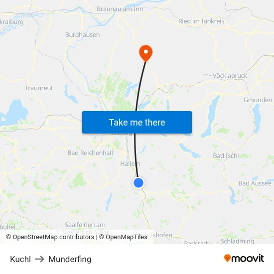 Kuchl to Munderfing map