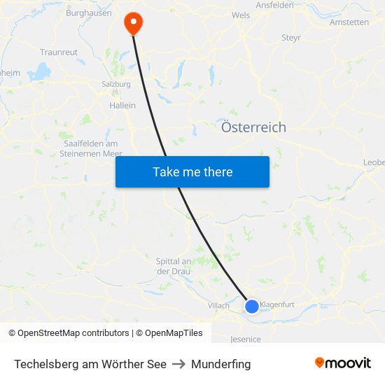 Techelsberg am Wörther See to Munderfing map