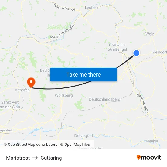 Mariatrost to Guttaring map