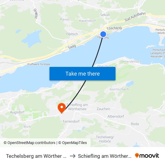 Techelsberg am Wörther See to Schiefling am Wörthersee map
