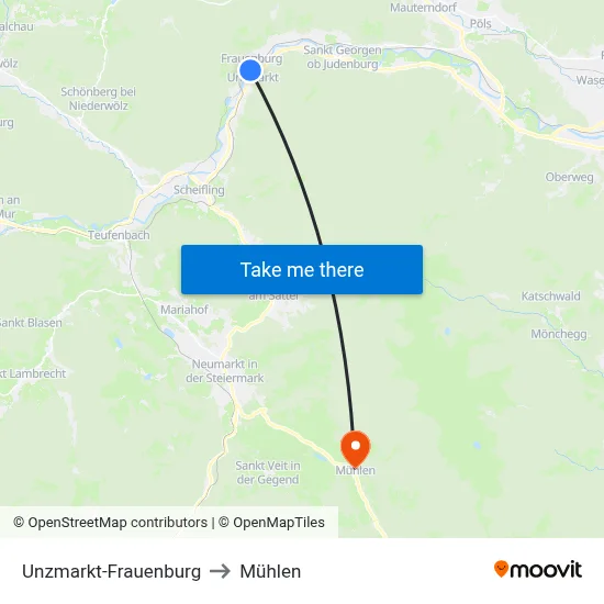Unzmarkt-Frauenburg to Mühlen map