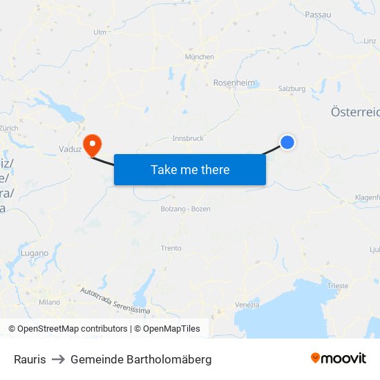 Rauris to Gemeinde Bartholomäberg map