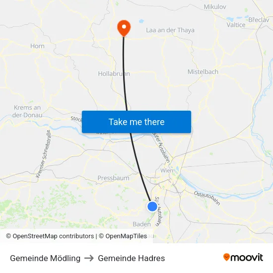 Gemeinde Mödling to Gemeinde Hadres map