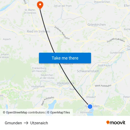 Gmunden to Utzenaich map