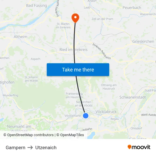 Gampern to Utzenaich map