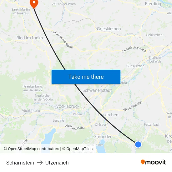 Scharnstein to Utzenaich map