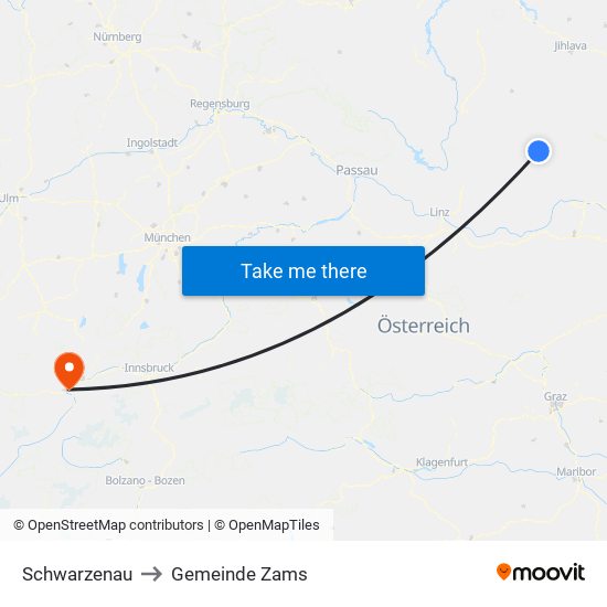 Schwarzenau to Gemeinde Zams map