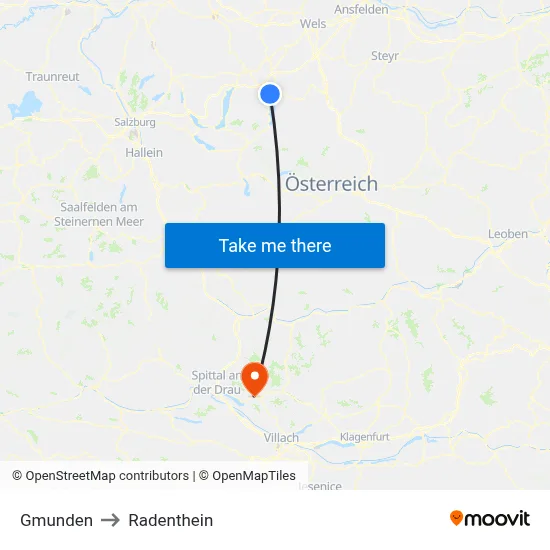 Gmunden to Radenthein map