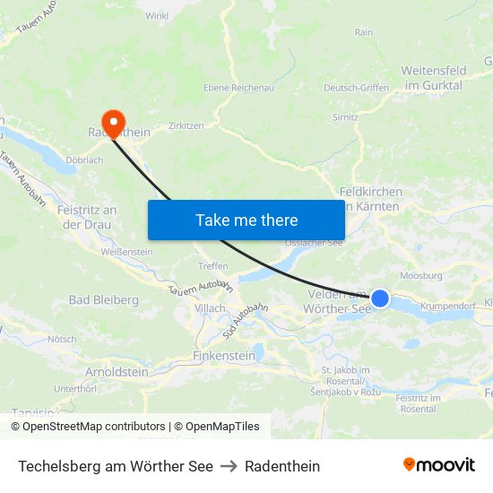 Techelsberg am Wörther See to Radenthein map