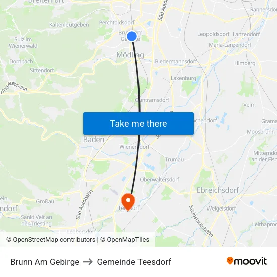 Brunn Am Gebirge to Gemeinde Teesdorf map