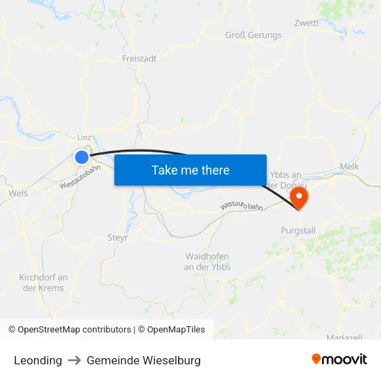 Leonding to Gemeinde Wieselburg map
