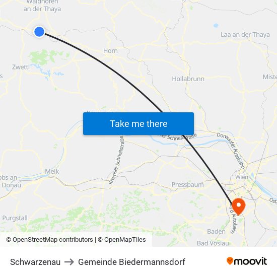 Schwarzenau to Gemeinde Biedermannsdorf map