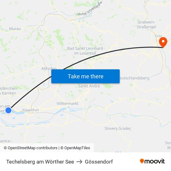 Techelsberg am Wörther See to Gössendorf map