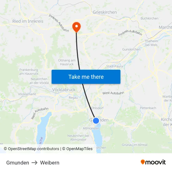 Gmunden to Weibern map