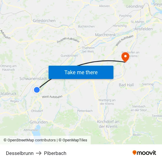 Desselbrunn to Piberbach map
