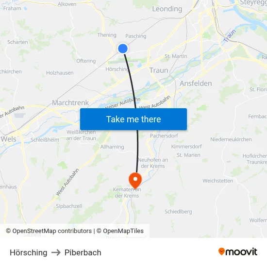 Hörsching to Piberbach map