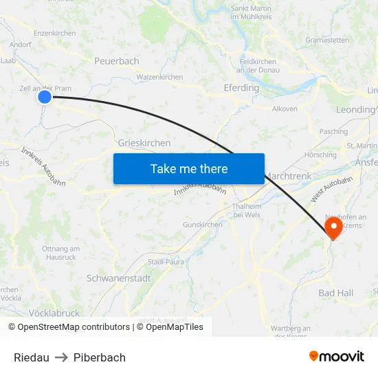 Riedau to Piberbach map