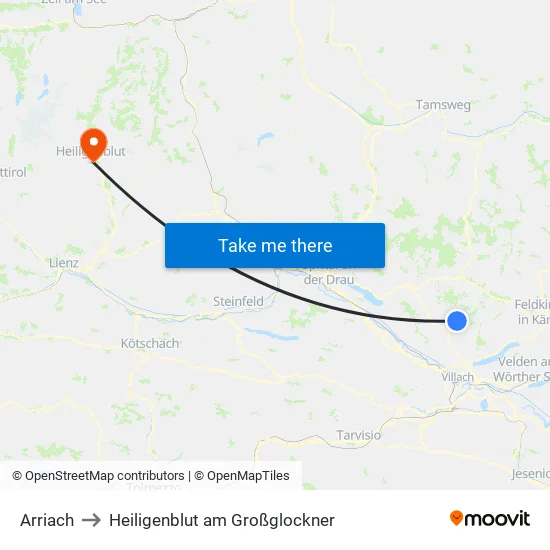 Arriach to Heiligenblut am Großglockner map