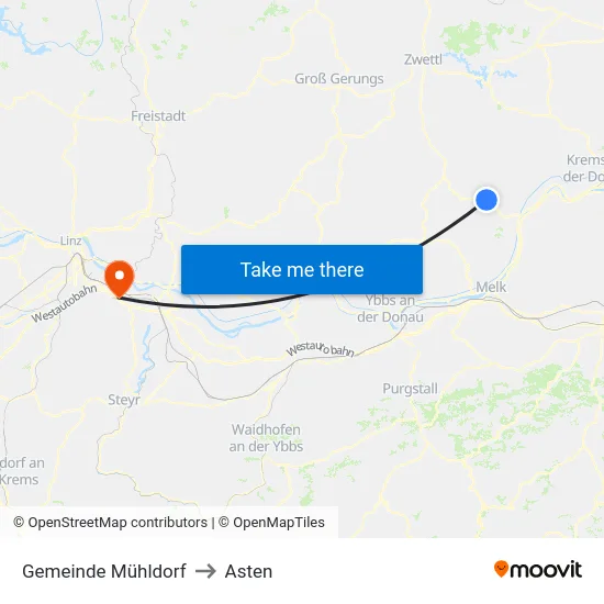 Gemeinde Mühldorf to Asten map
