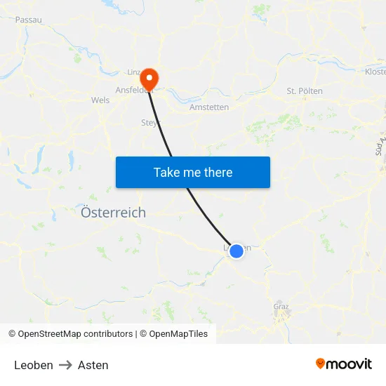 Leoben to Asten map
