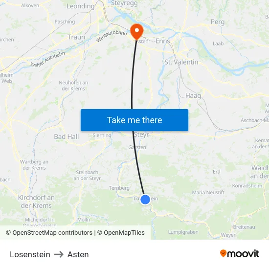 Losenstein to Asten map