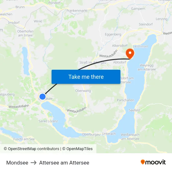 Mondsee to Attersee am Attersee map